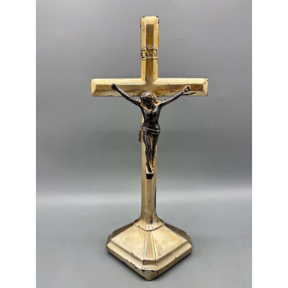 Vintage Tabletop Crucifix Corpus Christi Religious Home Decor Metal Gold Tone